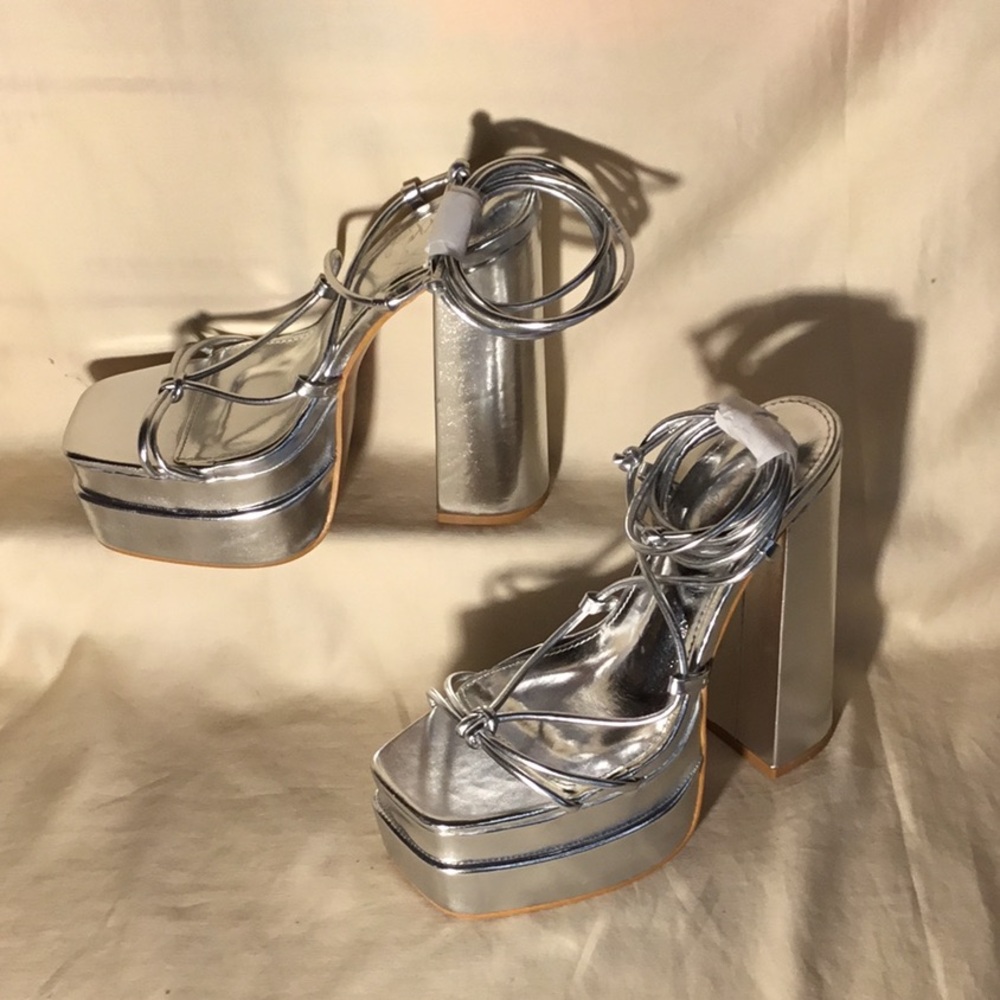 Mixx Shuz Silver Metallic Platform Lace-Up Block Heels
